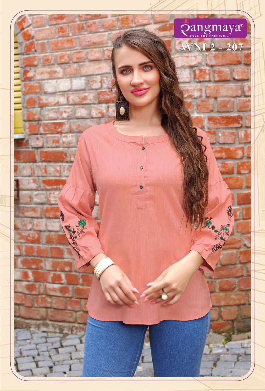 Rangmaya-avni Vol-2-fabric-rayon-imported-sleeves-work-short-top-kurti-207